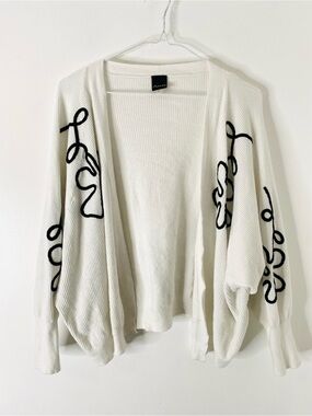 Aaeda Ivory Ribbed Open Front Cardigan Black Floral Embroidery Oversized